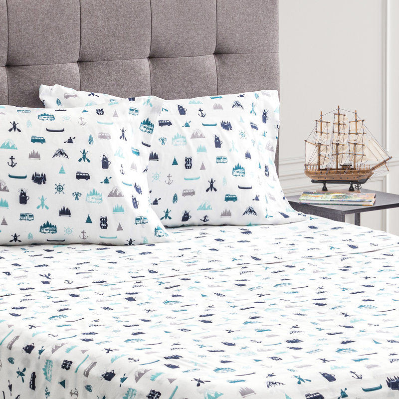 Twin White and Blue Microfiber Graphic Sheet Set