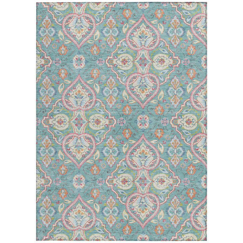 3' X 5' Teal Blue Pink And Orange Ogee Washable Indoor Outdoor Area Rug
