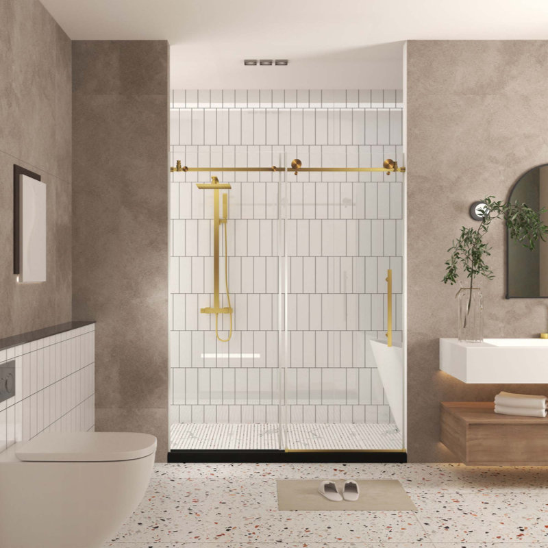 Frameless Shower Door, 1/4 "(6 Mm) Clear Tempered Glass, Explosion Proof Film, Stainless Steel Handle, Brushed Gold