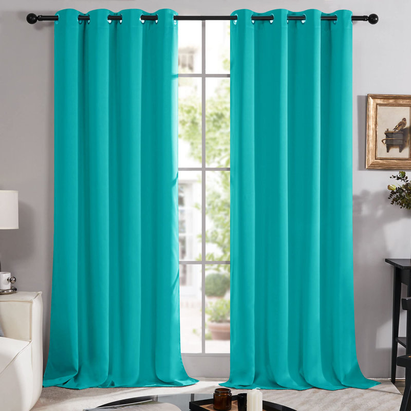 Teal Faux Silk Blackout Grommet Curtain Panel Pair