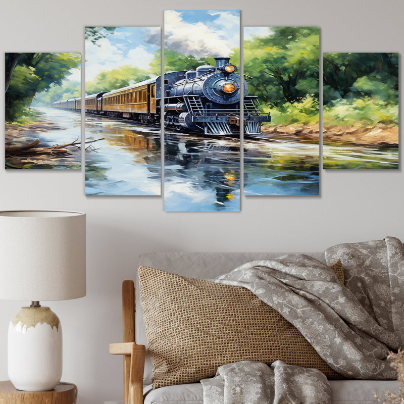 "Steamtrain Travelling In The Sunset", reproduction d'art sur toile - 5 panneaux