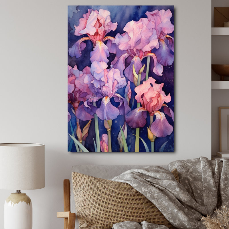 Pétales d'iris roses et bleus III, H 20 po x l 12 po x P 1 po, Toile tendue