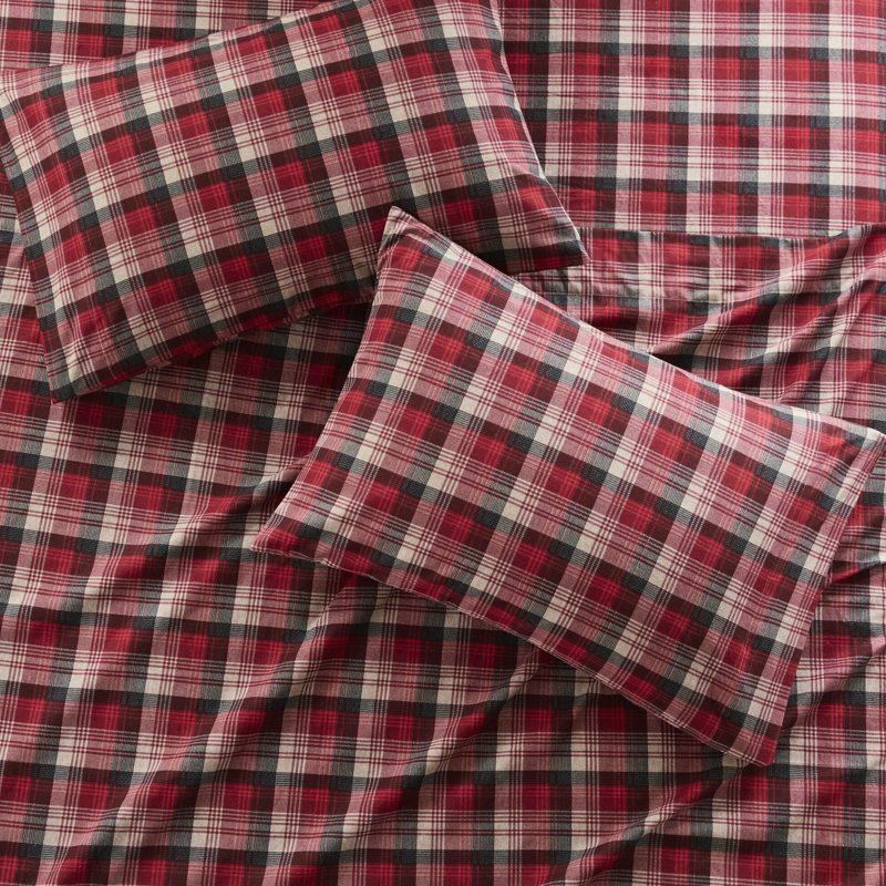 Tissu écossais rouge, drap complet 4 pièces, flanelle 100% coton, drap-housse doux au toucher, sans substances nocives, lavable à la machine