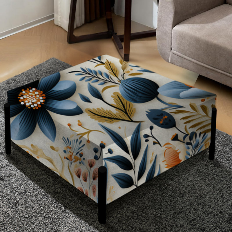 Vintage Blue And Orange Floral Pattern - Floral Large Square Ottoman