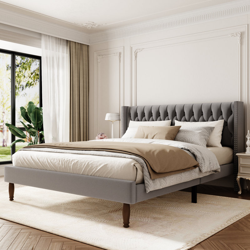 Velvet Upholstered Bed Frame, 49.2" Tall Wingback Headboard, Deep Button Tufted, Solid Wood Legs, No Box Spring Needed, Gray