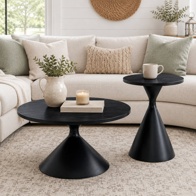 Ensemble de tables basses 2 pièces Modern Modern Sculptural avec conception emboîtable, plateaux à motif grain de bois et bases en acier pour le salon, le salon et la chambre à coucher