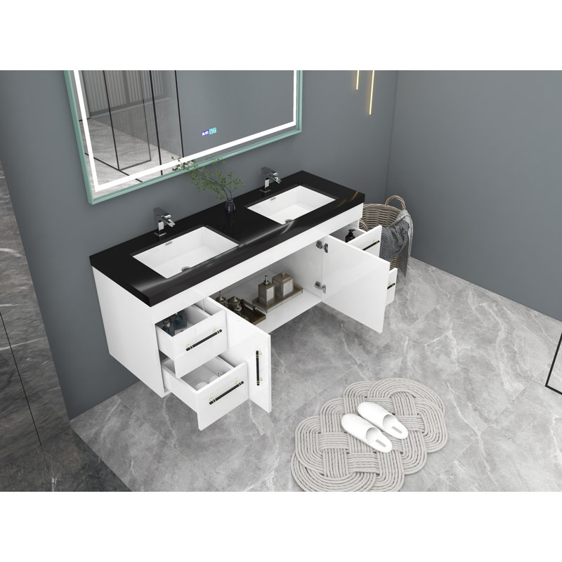 Campblin 60" Wall-Mounted Double Bathroom Vanity Set, High Gloss White, Matte Black