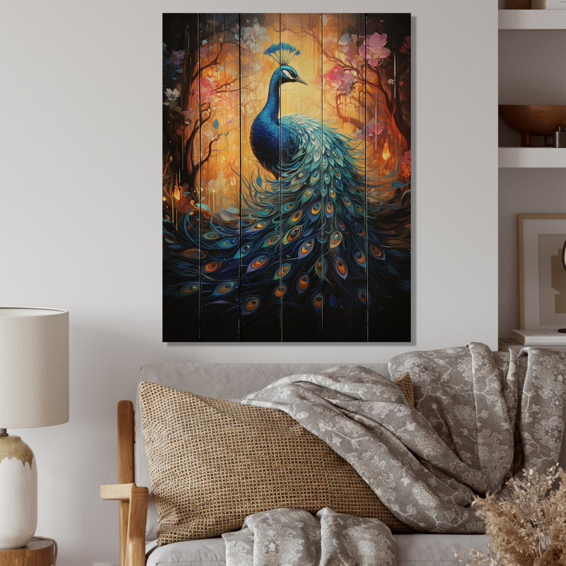 Paon bleu lumineux sur bois, H 40 po x l 30 po x P 0,78 po