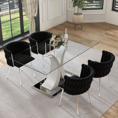 Modern Luxtury Rectangle Dining Table Set,Tempered Glass Dining Table with Velvet Dining Chair for Dining Room