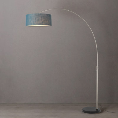 Lampe à arc 92 po Float - acier nickel satiné, base en marbre noir, abat-jour tambour en lin bleu piscine, à intensité variable, ampoule incluse