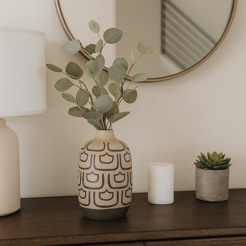 Modern Ceramic Table Vase with Pattern for Console Table - Decorative Tall Flower Vase for Shelves, Office, and Home Decor Accent - 10", Cream
