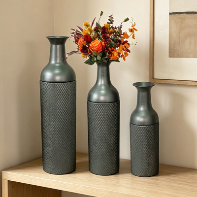 Ensemble de 3 vases décoratifs en métal, vases de plancher à motif de feuille d'argent noir, grands vases argentés noirs pour la décoration intérieure, salon, décoration de vestibule