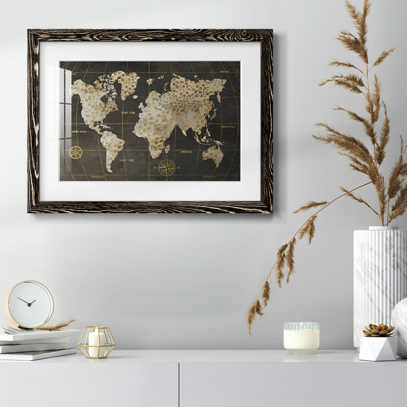 Safari - carte du monde - reproduction encadrée rustique avec tableau mat, Noir, H 14 po x l 20 po