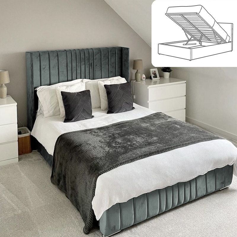 Vista Wingback Ottoman Storage Bed - Plush Velvet Gas Lift Bed Frame with Headboard, Double (4'6), Chrome
