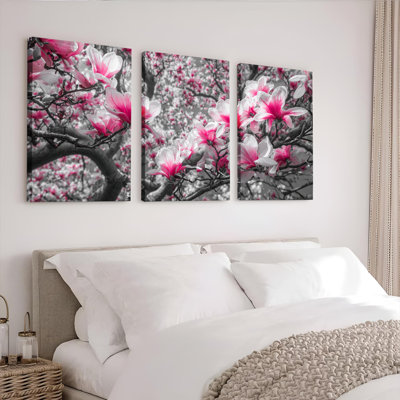 Pink Magnolia Flower Black And White Art Canvas Wrapped Wall Art Oil Painting Print Set Of 3 For Living Room Bedroom Home Decor