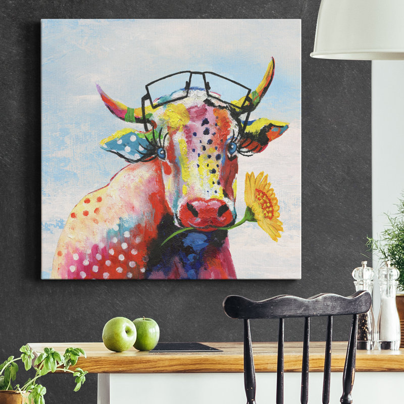 «Groovy Cow and Sky» - peinture sur toile tendue, H 40 po x l 40 po x P 1 po