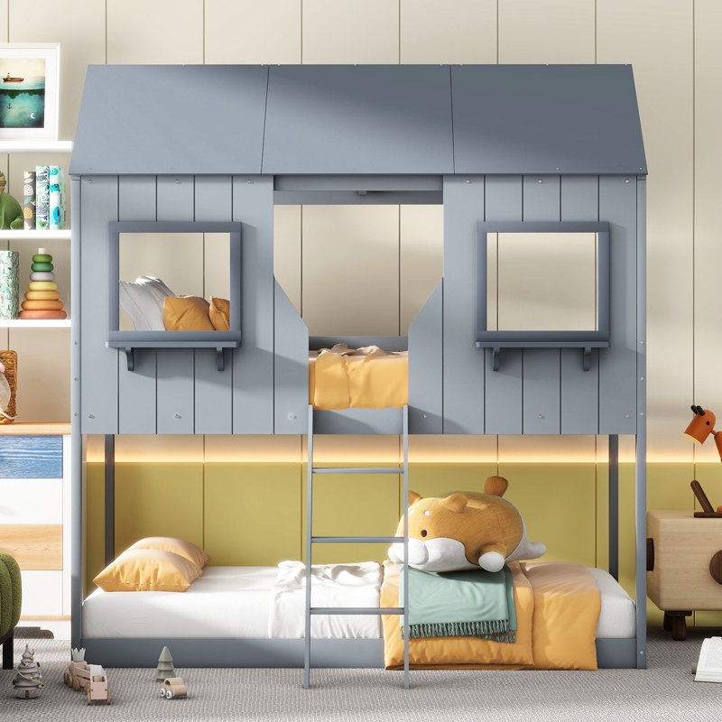 Lit superposé simple en bois massif - Gris pour une chambre à coucher moderne avec fenêtre et