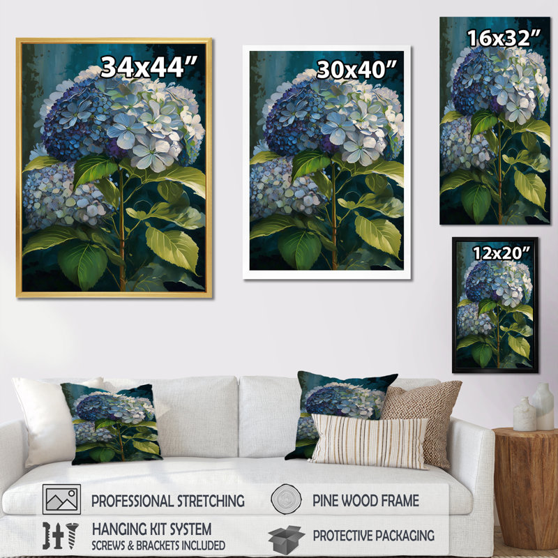 Hydrangea Bouquet Retro Illustration, reproduction d'art encadrée sur toile, H 44 po x l 34 po x P 1,5 po