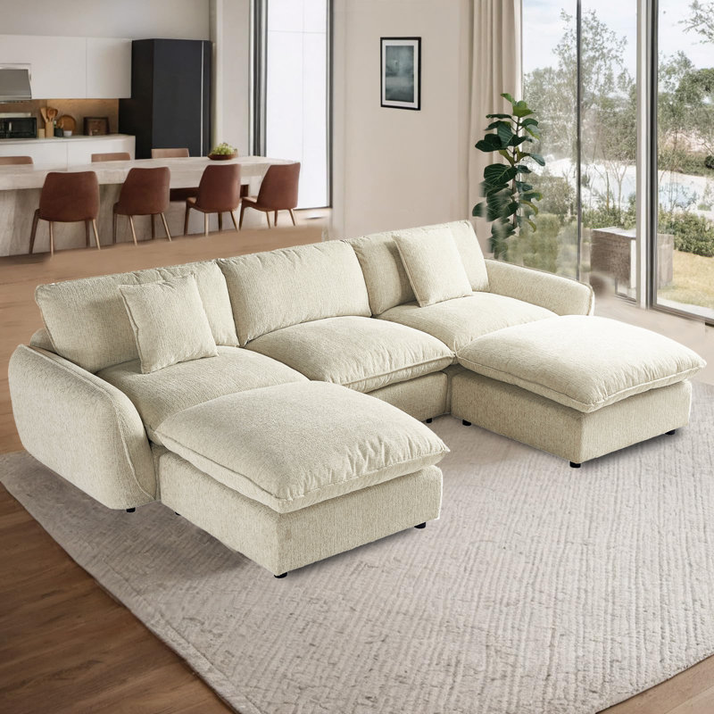 U-Shaped Modular Sectional With Ottoman, Light Brown Polyester Blend