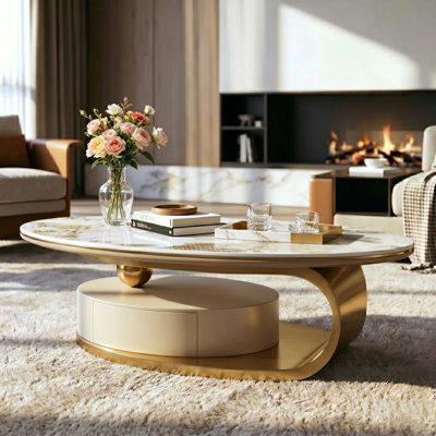 51.2" Modern Oval Coffee Table, Luxury Sintered Stone Top, Gold Base Center Table With Drawer