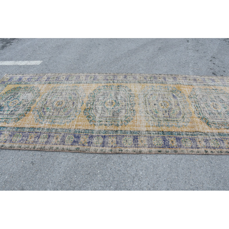 Tapis de couloir authentique en laine turque Oushak, idéal pour la chambre à coucher ou le cadeau SN-7240 Jaune / Vert
