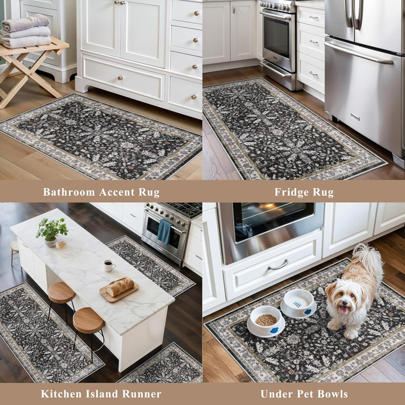 Boho Washable Kitchen Rug Set of 3, Black