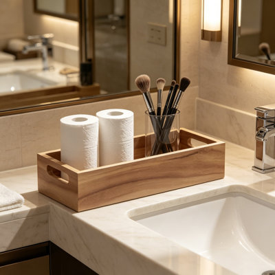 Plateau de salle de bain en bois d'acacia naturel avec poignées pour articles de toilette et accessoires, 16,5 x 6 x 3,8 po