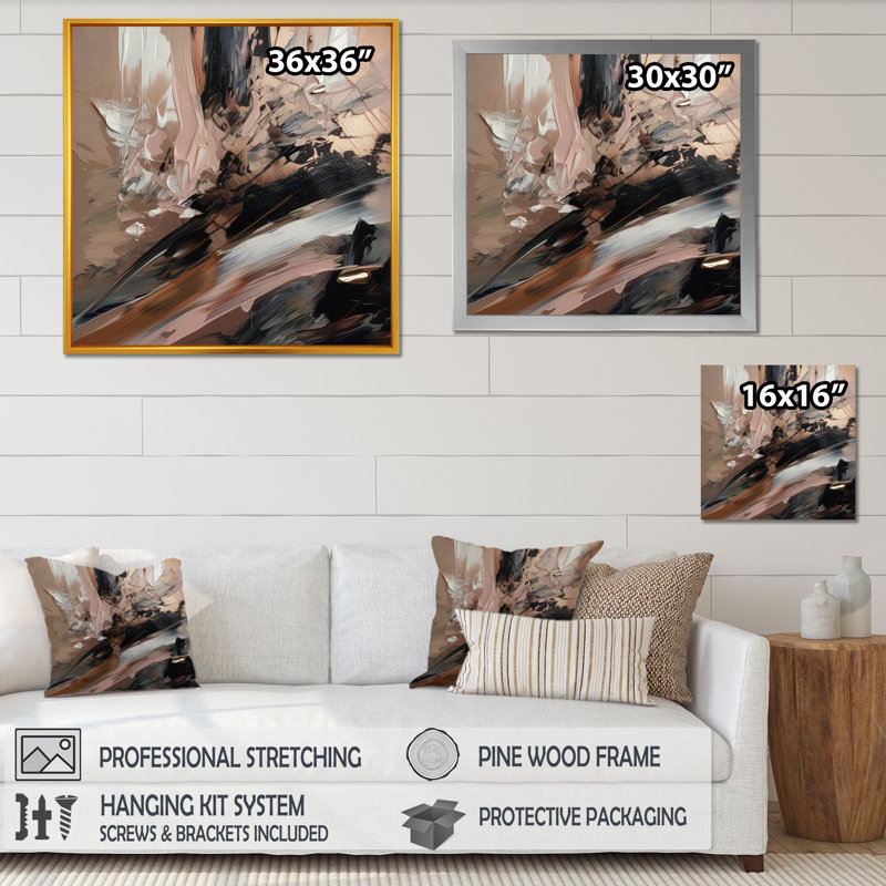 Brun et noir, au-delà des limites II - art mural abstrait grand, L 30 po x H 30 po, Cadre flottant doré