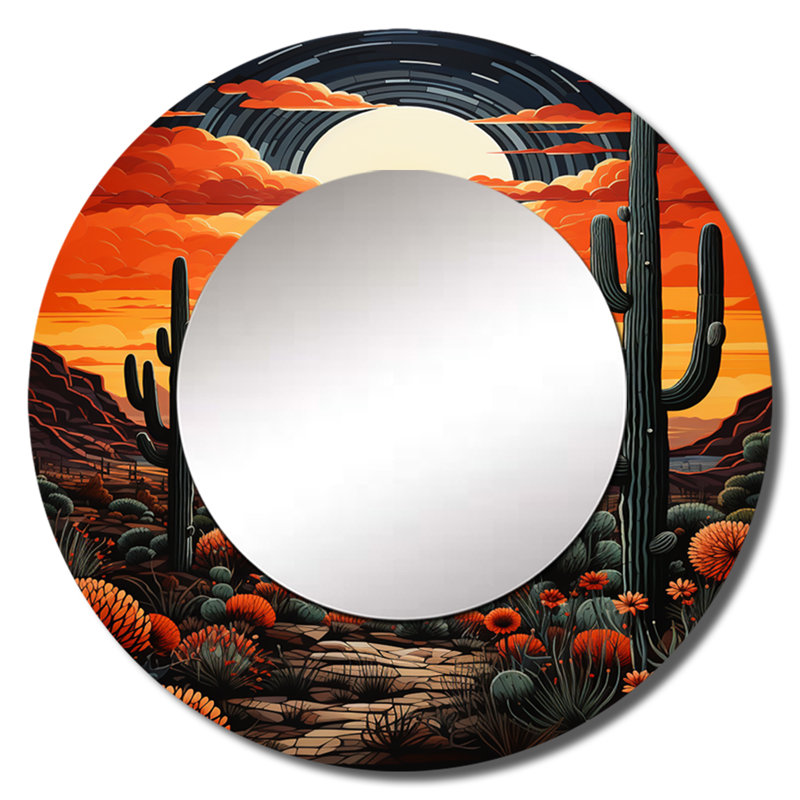 Salbu orange cactus Salbu, coucher de soleil Saguaro - grand cactus, miroir mural décoratif rond traditionnel, impression d'art en métal