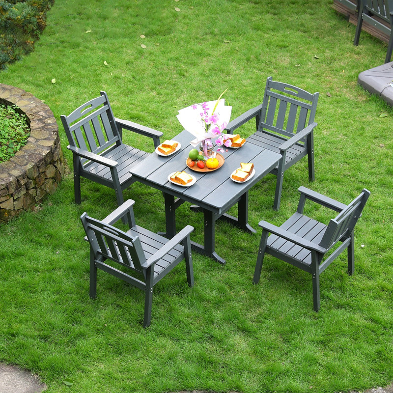 Hdpe Outdoor Patio Dining Set, 1 Table And 4 Chairs The Outdoor Dining Furniture Has Sunshade Holes And Is Suitable, Gray