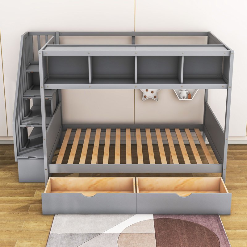 Godo Kids Twin Over Full Bunk Bed with Drawers, Gray