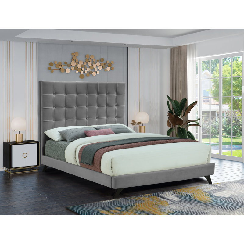 Tufted Upholstered Low Profile Platform Bed, King, Grey Velvet