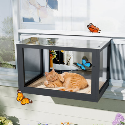 Boîte de fenêtre Cat Catio, fenêtre de clôture extérieure pour chats d'intérieur, perchoir Catio avec toit transparent imperméable et filet anti-moustiques convenant aux cadres de fenêtre verticaux de 25,4 po à 43,3 po de largeur