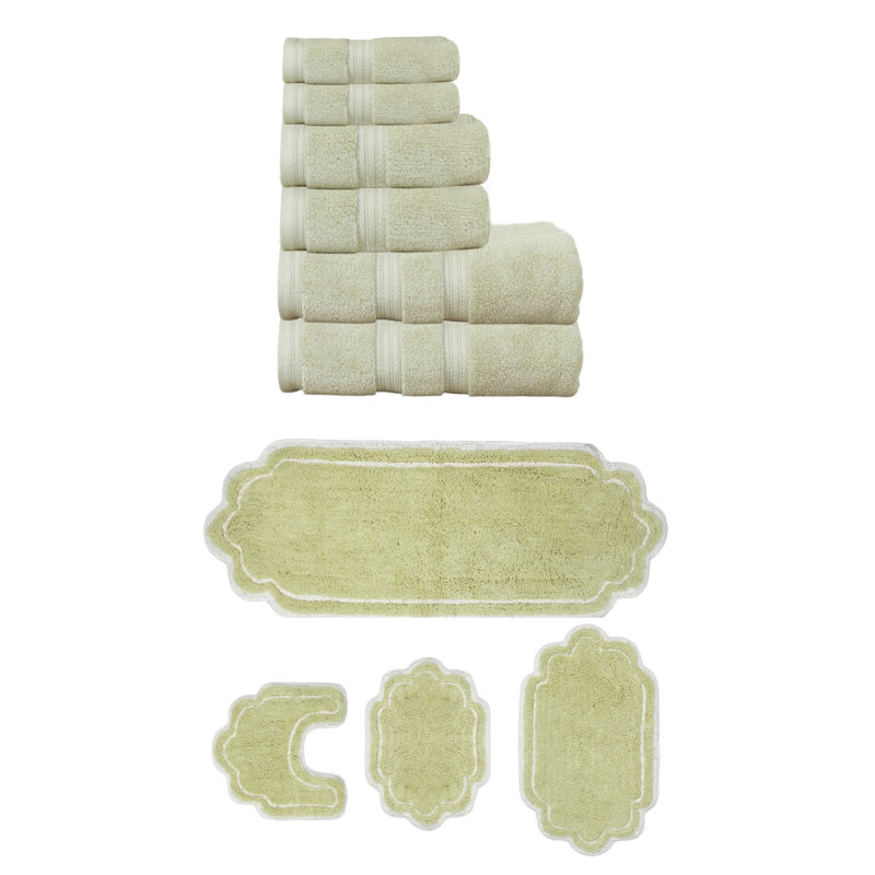Talbert Collection 100% Soft Cotton 6 Pc Towel Set & 4 Pc Bath Rug Set, (Set of 10), Green