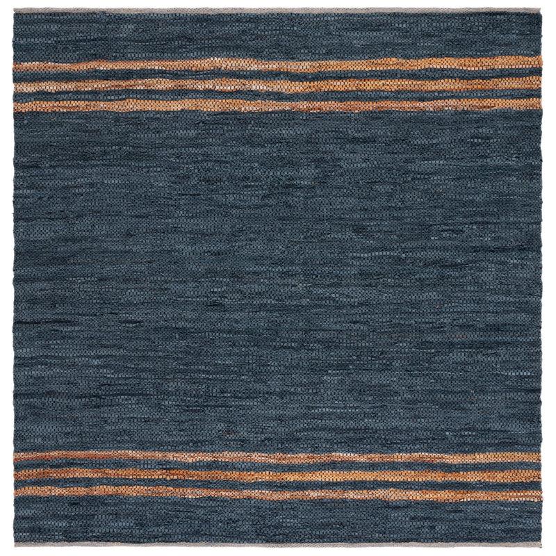 Rider Hand Woven Leather/Cotton/Jute Rug in Beige/Blue, Square 7'