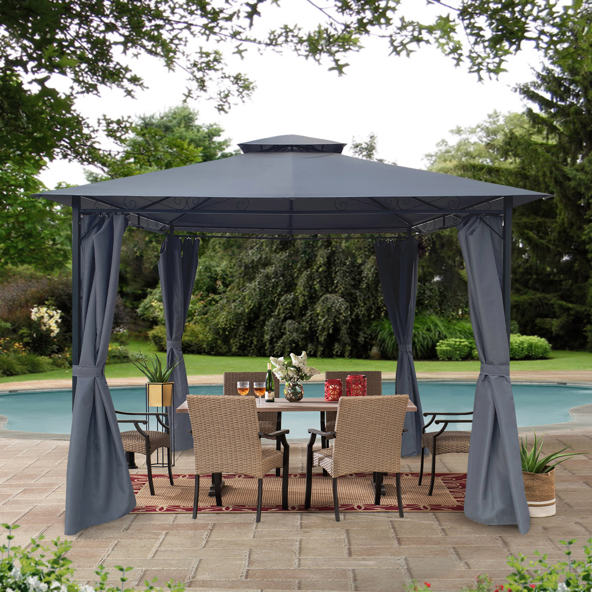 Arlmont & Co. 10X10 Ft Outdoor Patio Gazebo Canopy With Curtains | Wayfair