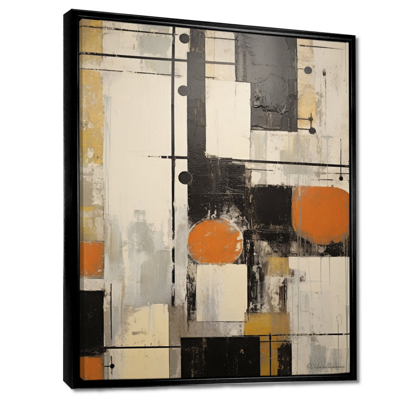 «Deconstrstruction Beige Orange Black White - Abstract Shapes», reproduction d'art murale, Toile avec cadre flottant noir