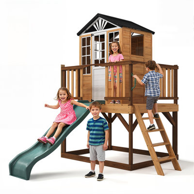 9-In-1 Outdoor Fir Playhouse With Slide, Sandbox, Play Kitchen & Growth Chart For Kids