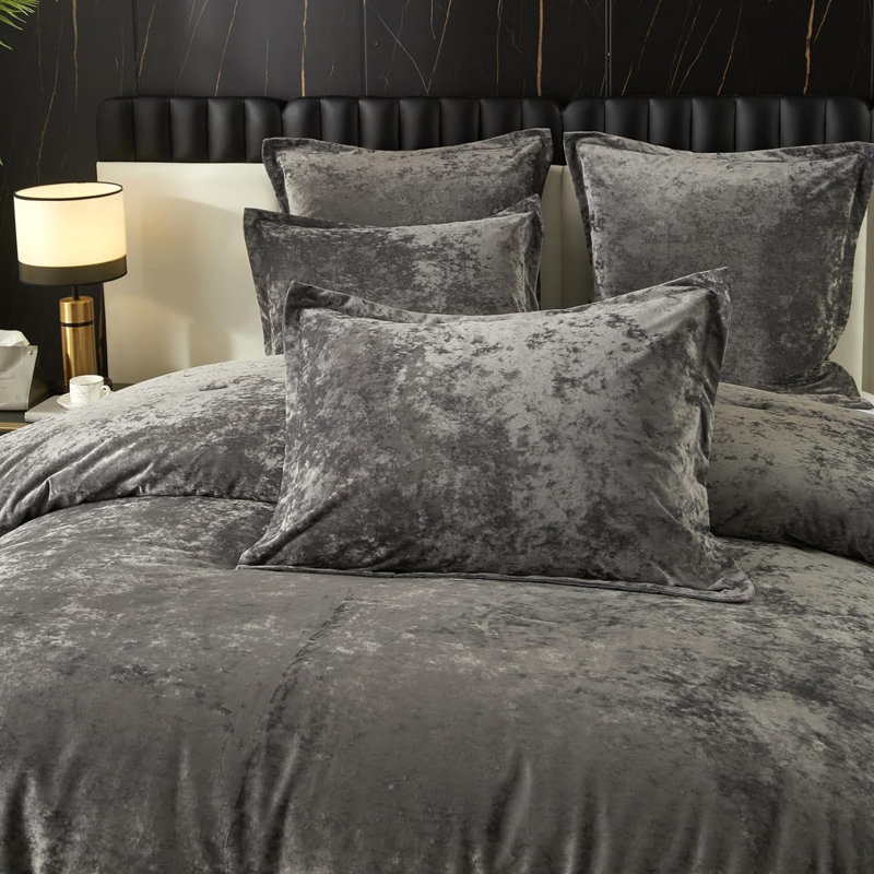Crushed Velvet Comforter Set , Lightweight Comforter Set, 5pcs, Gray, Queen Comforter + 4 Additional Pieces