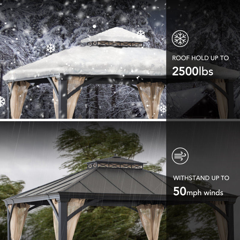 Sunjoy Hardtop Gazebo 11 x 13 ft. Outdoor Patio Black Anti-Rust Aluminum Frame Gazebo, Double Tiered Gazebo with Ceiling Hook and Mesh Netting