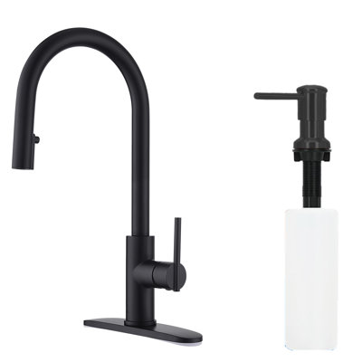 Robinet de cuisine à poignée simple avec douchette extractible et distributeur de savon noir mat