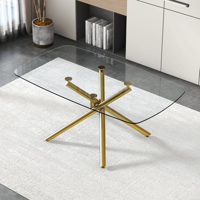 Large Modern Minimalist Rectangular Glass Dining Table With 0.39" Tempered Glass Top And Gilded Metal Legs For Kitchen, Dining Room, Living Room, Meeting Room, Ballroom