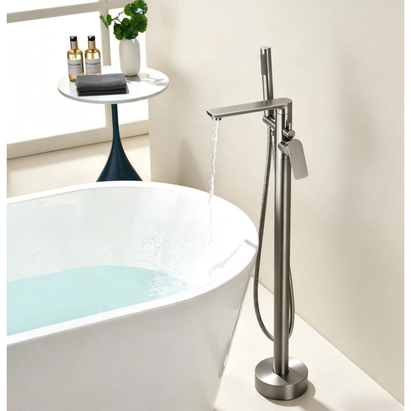 Robinet de baignoire autoportant à fixation au sol avec douche à main, Nickel brossé