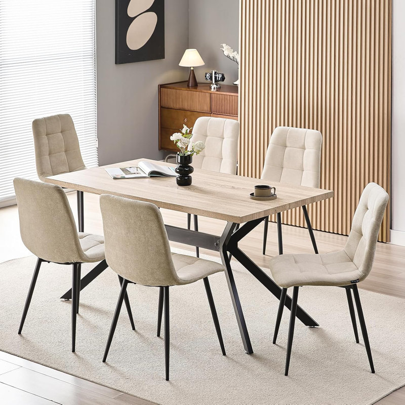 Linen Upholstered Dining Chairs with High Back and Metal Legs, Beige, 6