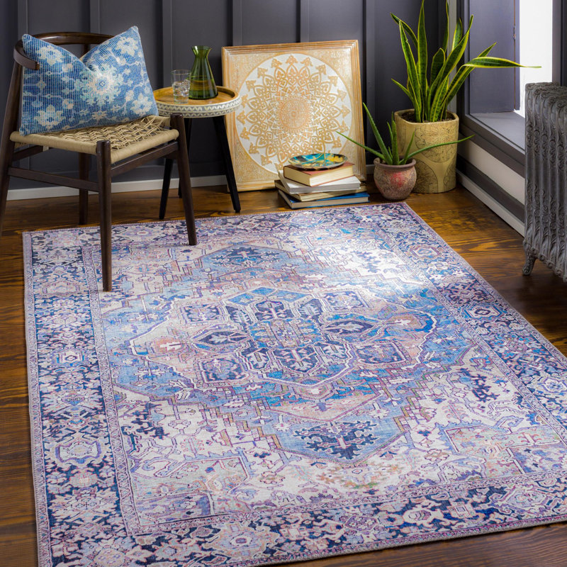 Tapis oriental tissé à la machine Albertson, Rectangle 2 pi 3 po x 3 pi 9 po, Bleu / Ivoire