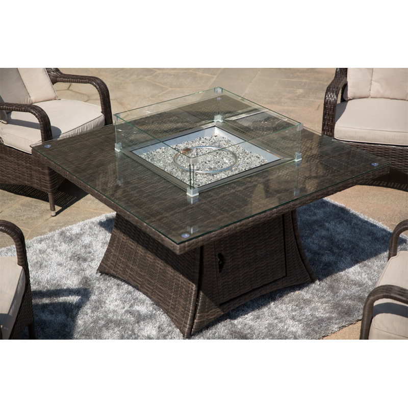 Table de foyer d'extérieur au propane en osier avec couvercle H 27,56 po x l 47,25 po Bjana