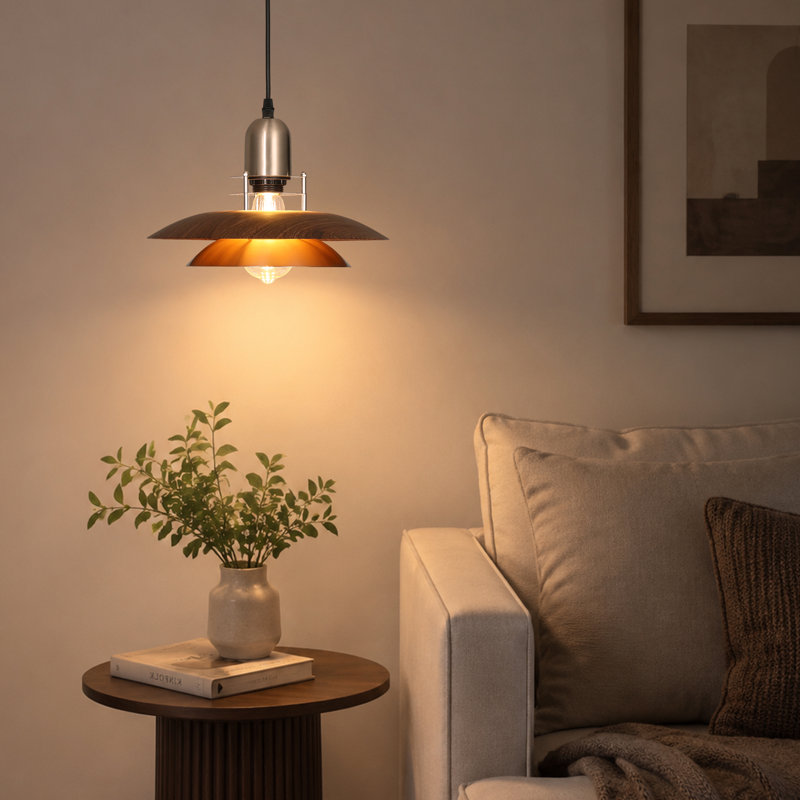 12'' Wide 1 - Light Vintage Metal Pendant Light with Wood-Grain and Silver Layered Shade Design