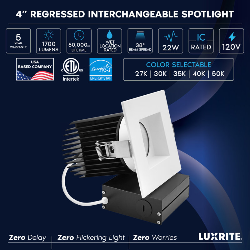 Luminaire encastré DEL Luxrit de 4 po, 5 lumières à DEL sans lumière, 38º, 22W, 1700LM, garniture blanche interchangeable, intensité variable, intensité variable, 4 lumières DEL Luxrite