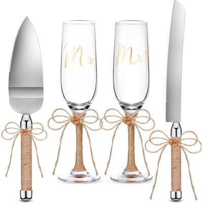 4 Piece Wedding Toasting Flutes and Cake Server Set Champagne Glasses and Cake Knife Server Set