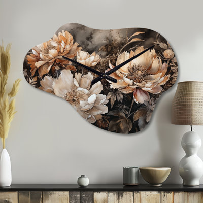 Pivoine Speight brun crème pivoine en mouvement - pivoines en métal nuage, horloge murale asymétrique moderne